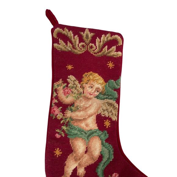 Vintage Imperial Elegance Needlepoint Stocking Christmas Angel Cherub Red Wool - Picture 4 of 7